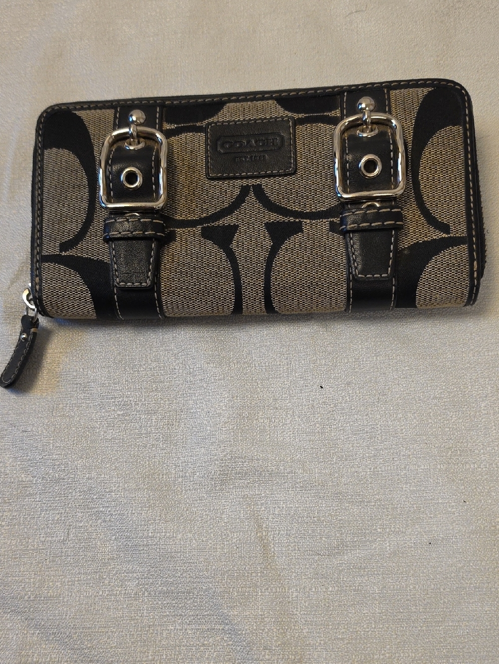 Coach Beige and Brown Signature Multi-Compartment Zip Wallet with Buckle Accent